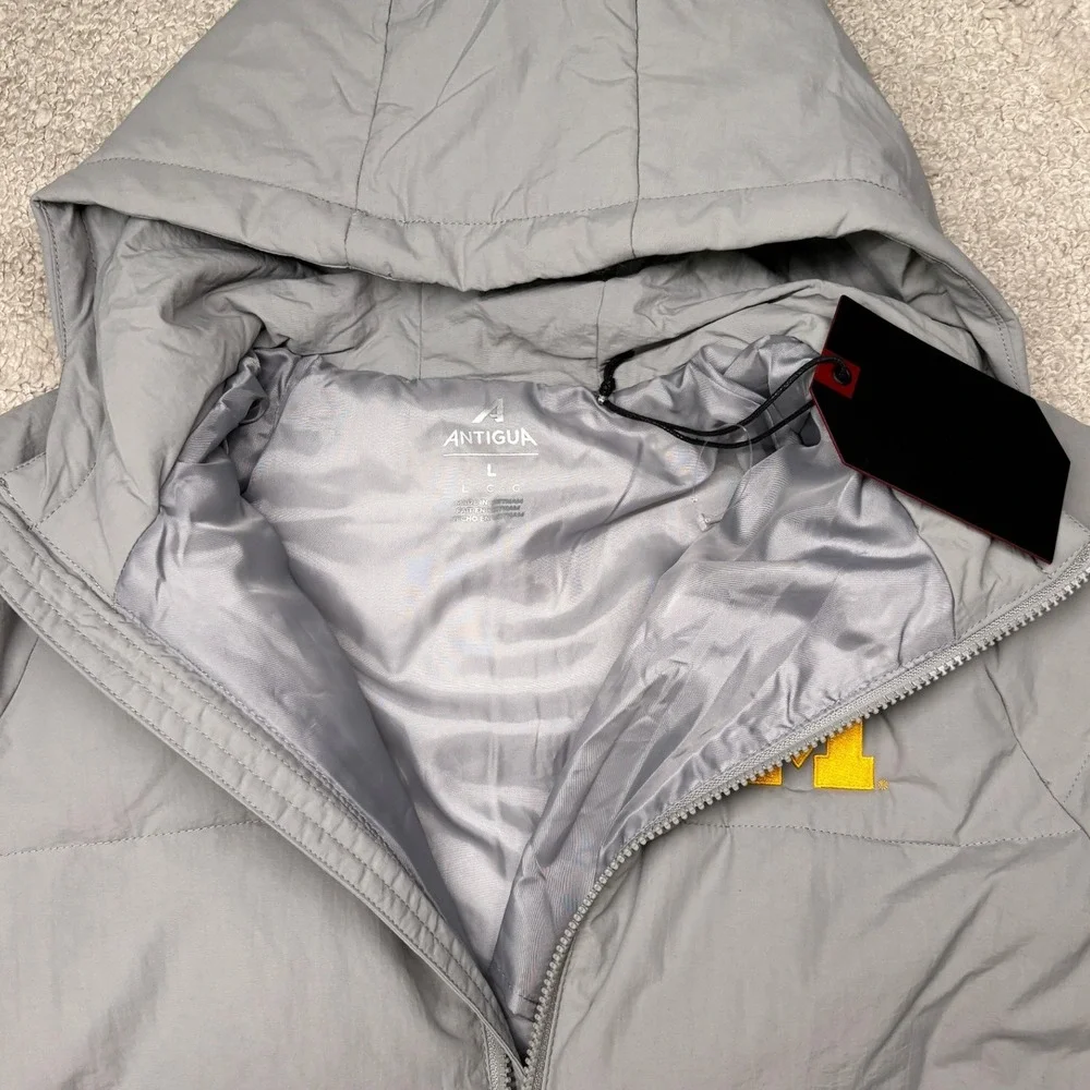 Antigua Puffer Jacket Women L Gray Michigan Wolverines NCAA‎ Hooded Full Zip NWT
